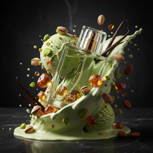 Arabian oud perfume bottle with pistachio, almonds, vanilla beans, and green ice cream, luxury scent photography