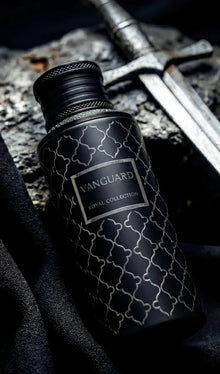 Vanguard Royal Collection oud perfume bottle with black patterned design, sword in background