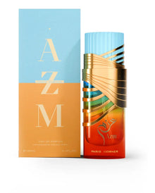 Azm Paris Corner perfume bottle with gold accents and matching blue-orange box