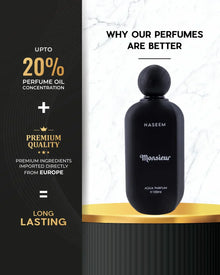 Black Naseem Monsieur perfume bottle with marble background, highlighting premium long-lasting eau de parfum with 20% oil concentration.
