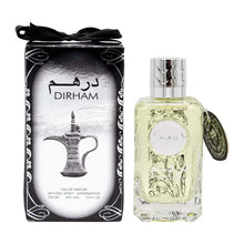 Dirham Arabian oud perfume bottle and decorative box with Arabic script