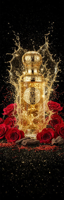 Luxurious Arabian oud perfume bottle with gold detailing, surrounded by red roses and oud wood.