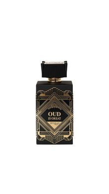 Black and gold Zimaya Oud Is Great Arabian perfume bottle with art deco design
