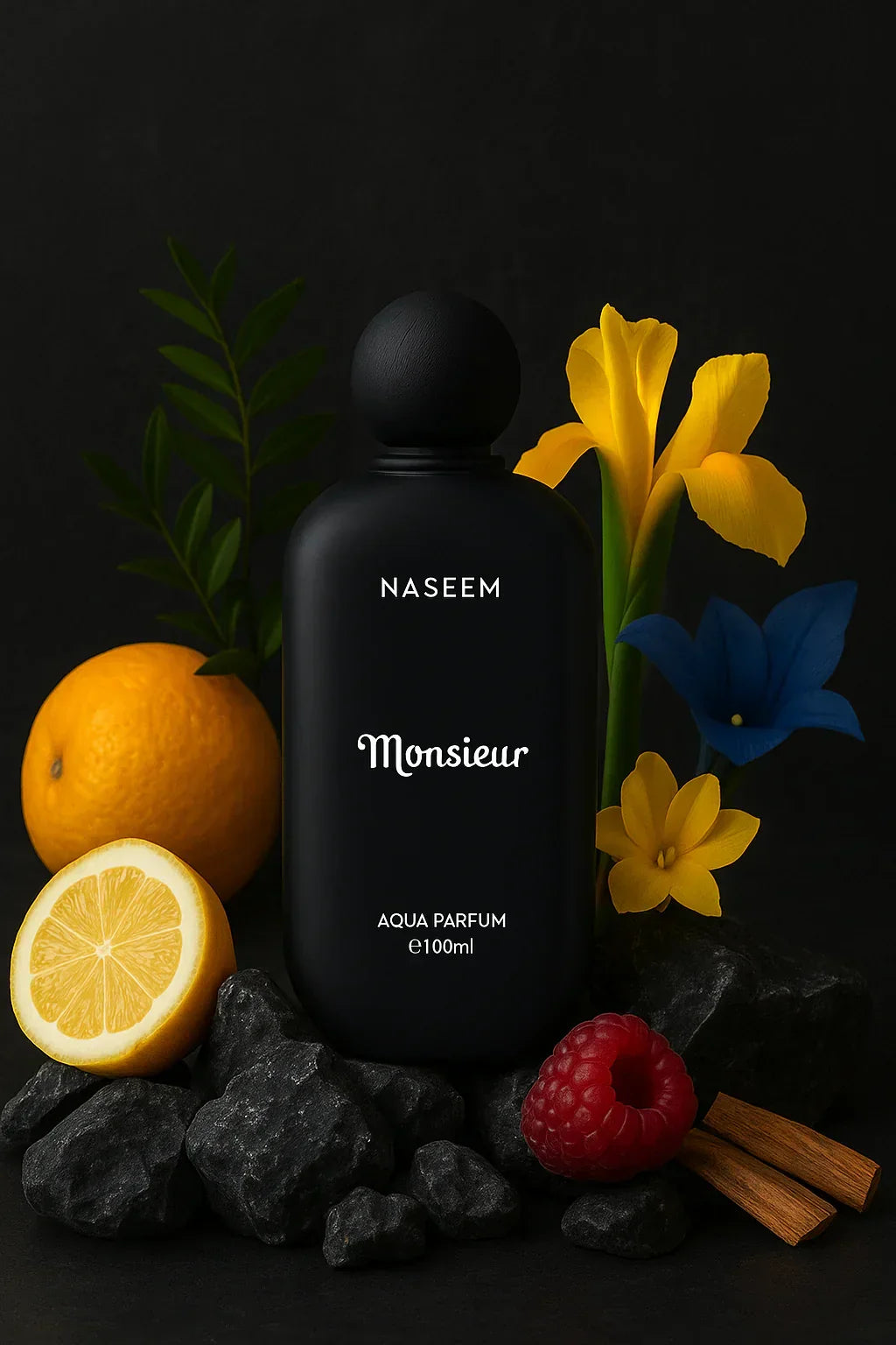 Naseem Monsieur perfume bottle with lemon, raspberry, flowers, and cinnamon on black background