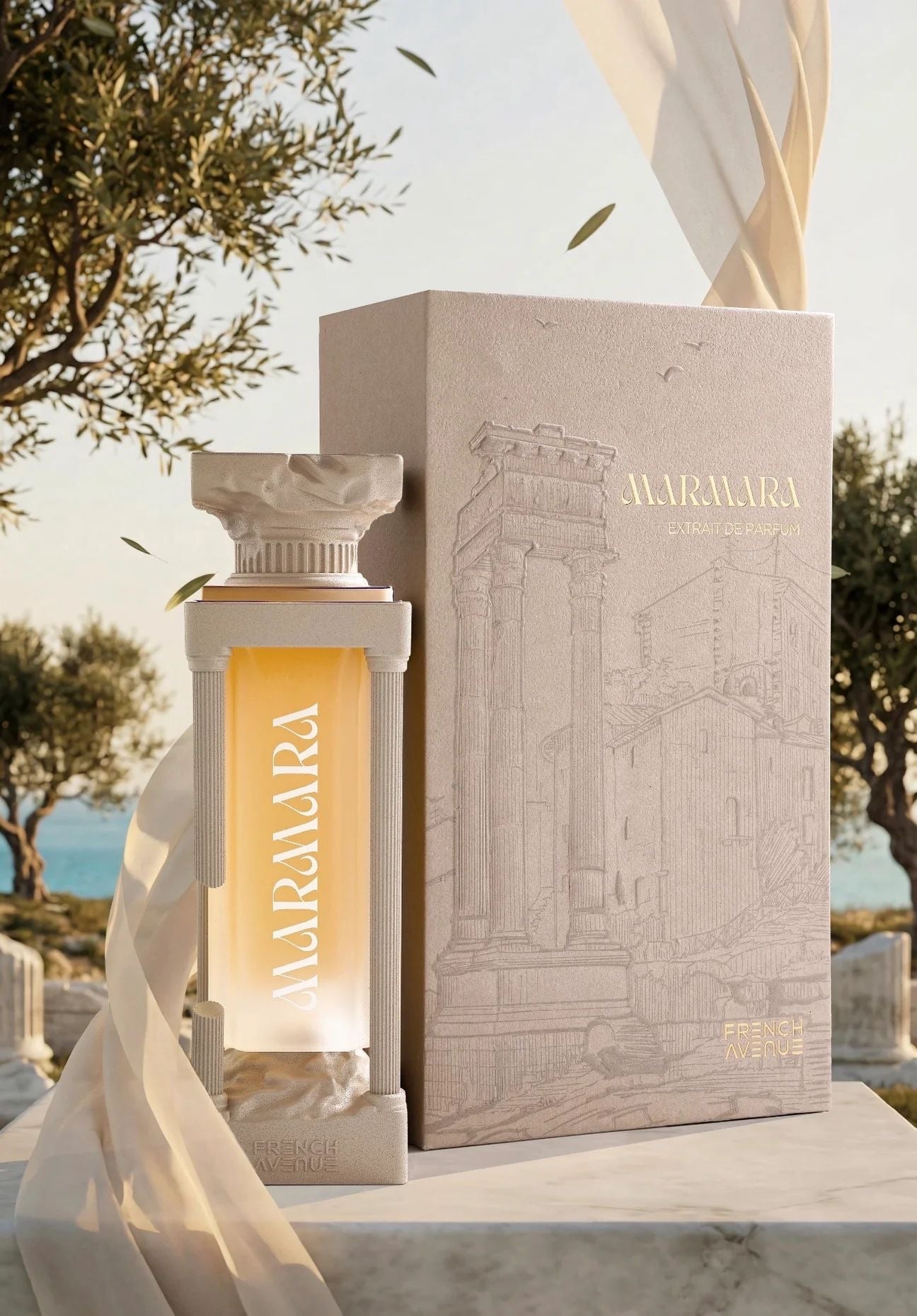 Perfume bottle and packaging with 'Narara' branding against a scenic background