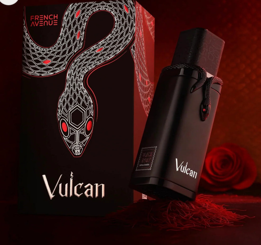 Vulcan product packaging with a snake design on a dark background