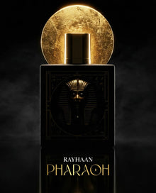 Luxurious Rayhaan Pharaoh Arabian oud perfume bottle with gold accents and Egyptian pharaoh motif