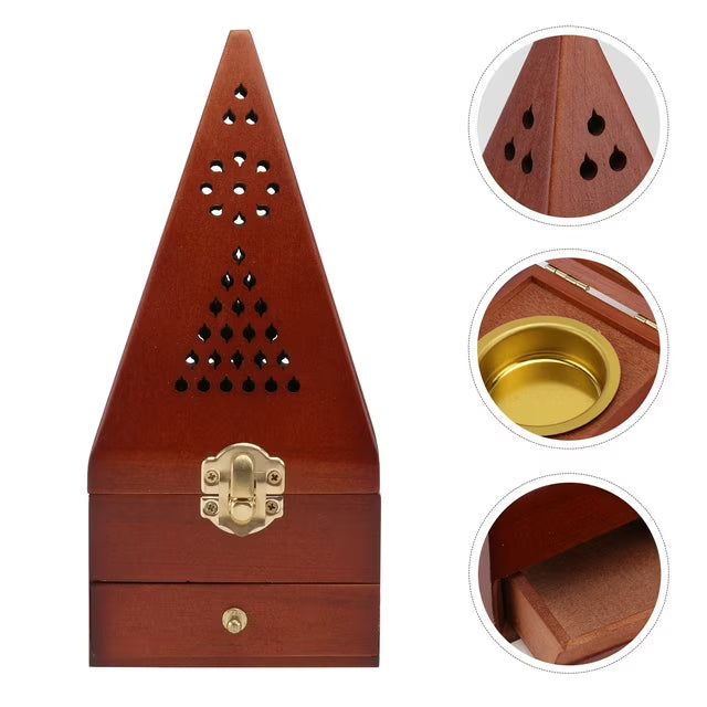 Pyramid Incense Burner Wooden Retro Censer Home Decor Dark Red