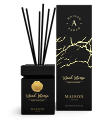 Luxury Wood Intense reed diffuser in black and gold packaging, 250ml, with decorative box.