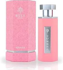 Pink luxury Arabian oud perfume bottle and matching floral gift box with silver accents.