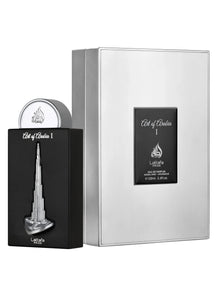 Lattafa Pride Art of Arabia I eau de parfum bottle and luxury gift box with modern silver detailing