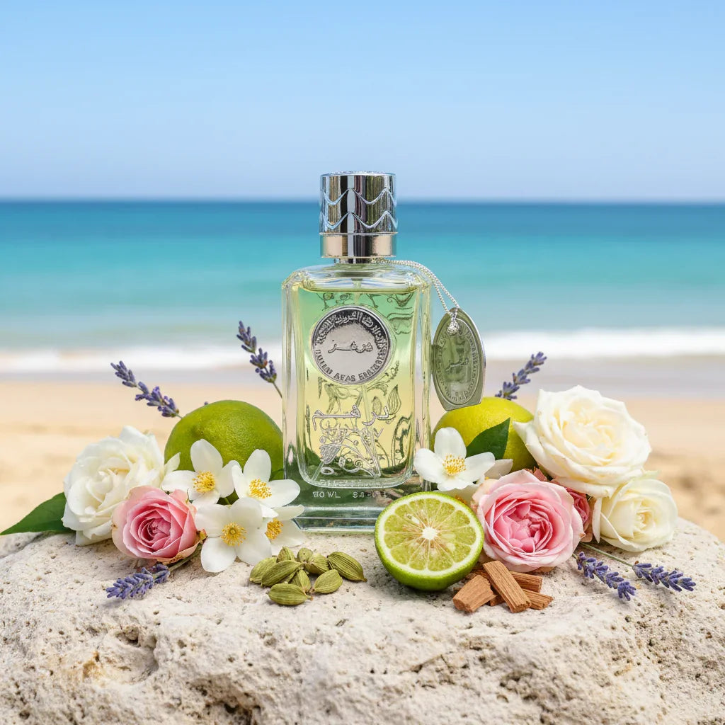 Arabian oud perfume bottle on beach with lime, roses, cardamom, cinnamon, and flowers