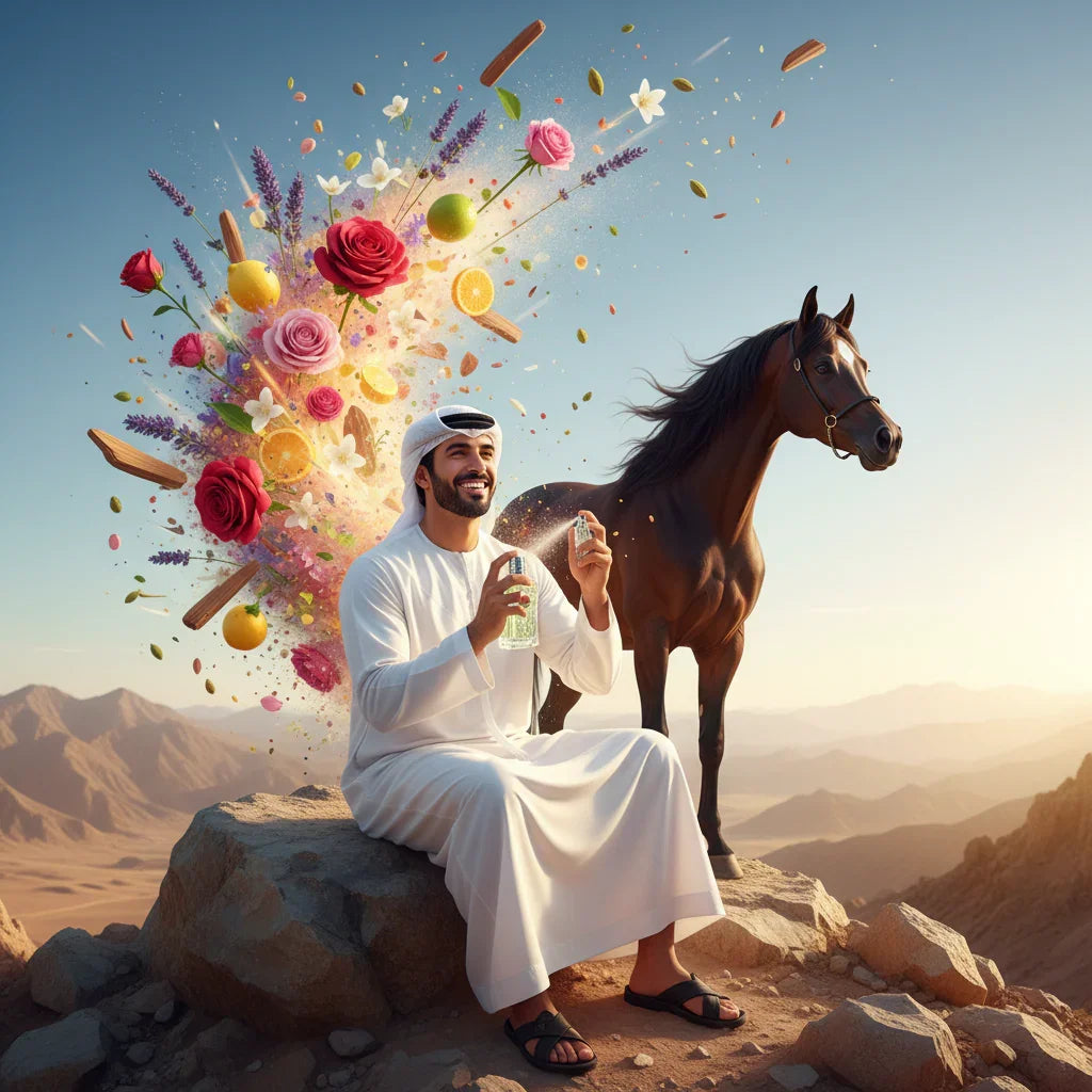 Man in traditional Arabian attire holding perfume bottles with a horse beside him, vibrant oud fragrance notes and roses in the air amid desert mountains.