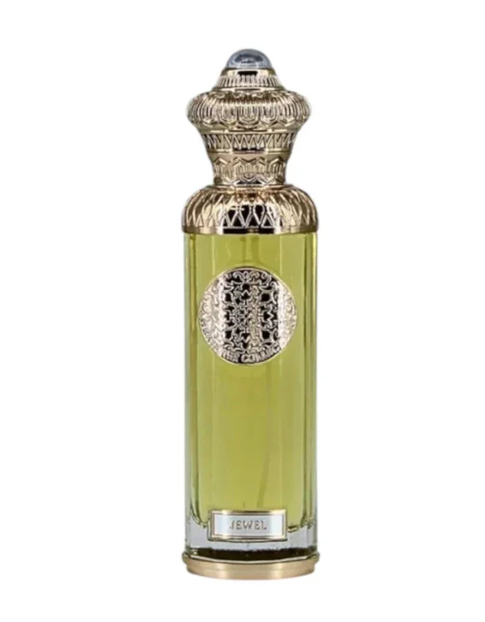 Luxury Arabian oud perfume bottle with intricate gold detailing and clear cap