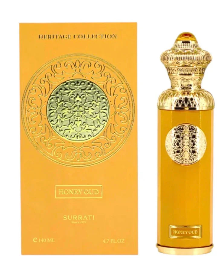 Surrati Honey Oud perfume bottle and box, gold packaging with Arabic design accents, 140ml