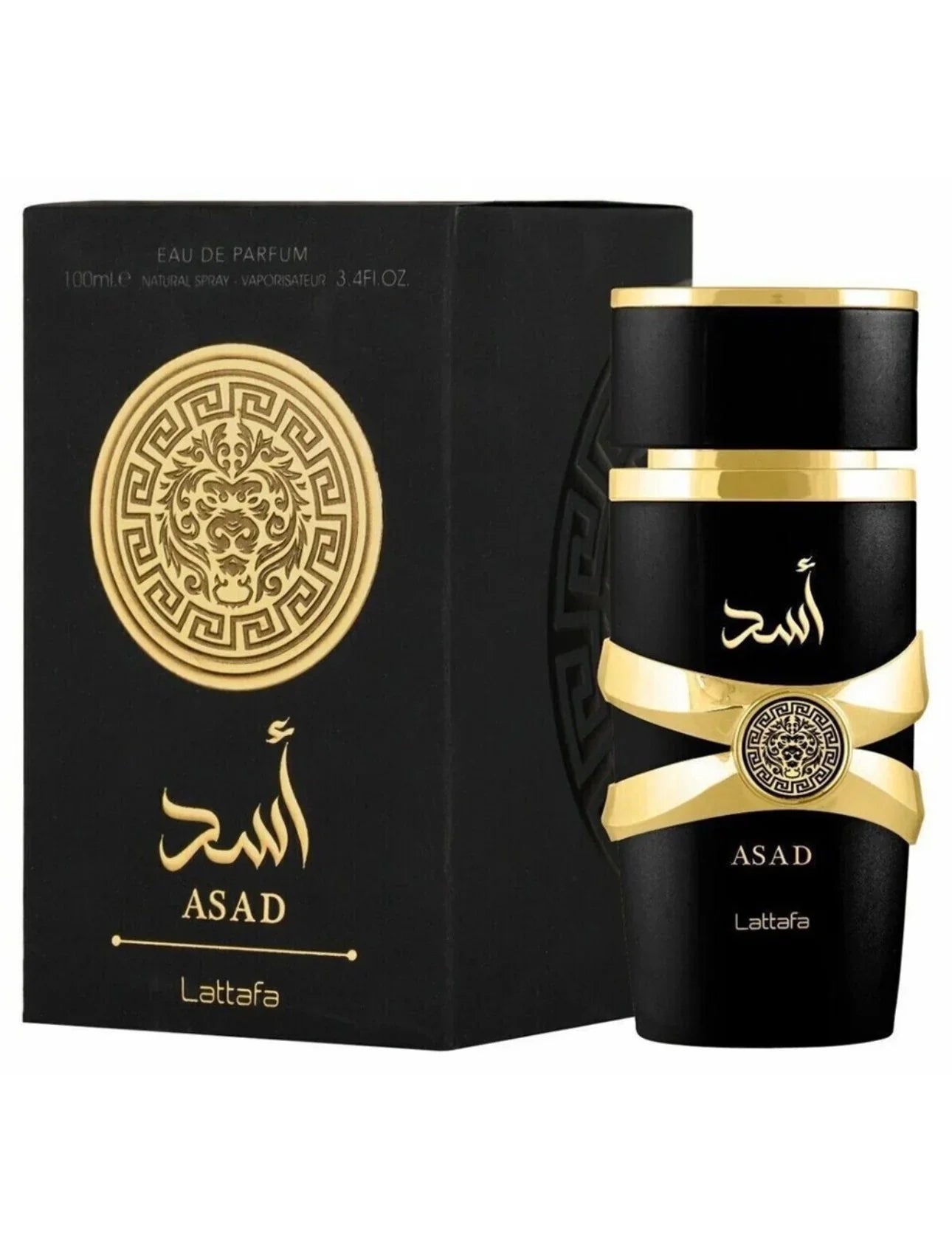 Asad by Lattafa black and gold Arabian oud perfume bottle and box with lion emblem