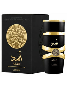 Asad by Lattafa black and gold Arabian oud perfume bottle and box with lion emblem
