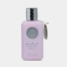 Dirham Wardi pink perfume bottle with Arabic text and silver cap, 100ml eau de parfum.