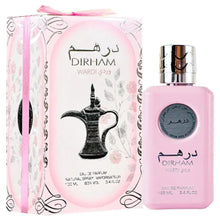 Dirham Wardi pink Arabian perfume bottle and gift box with floral design