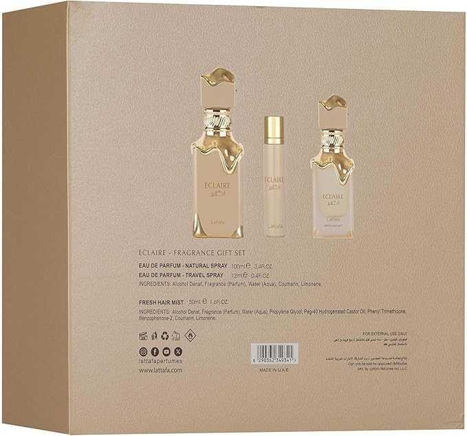 Lattafa Eclaire Gift Set – 100ml Eau de Parfum, 12ml Travel Spray & 50ml Hair Mist - Sweet Gourmand Vanilla, Caramel