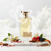 Elegant oud perfume bottle with gold cap, surrounded by jasmine flowers, spices, and berries.
