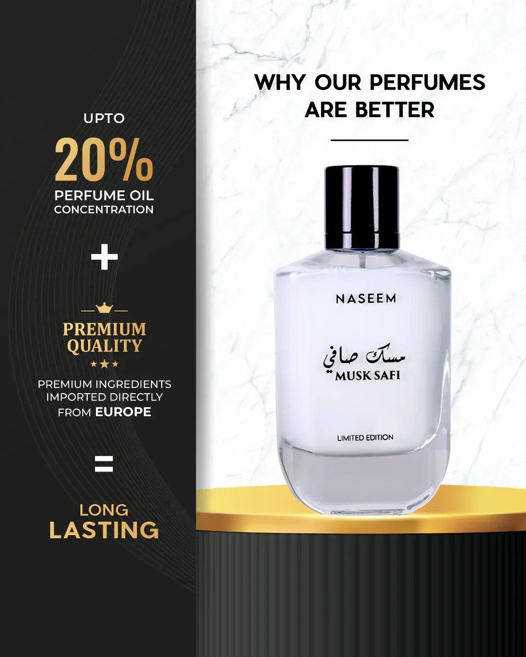 Naseem Musk Safi limited edition Arabian perfume bottle with premium, long-lasting scent benefits.