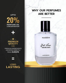 Naseem Musk Safi limited edition Arabian perfume bottle with premium, long-lasting scent benefits.