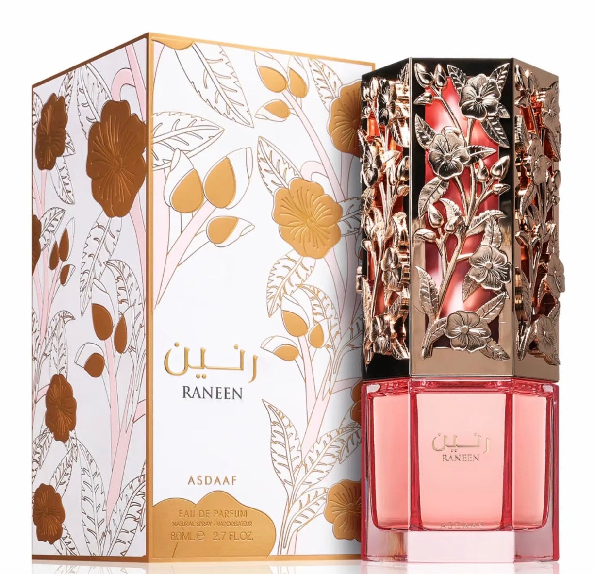 Perfume bottle and packaging with floral design and 'Raneen' branding.