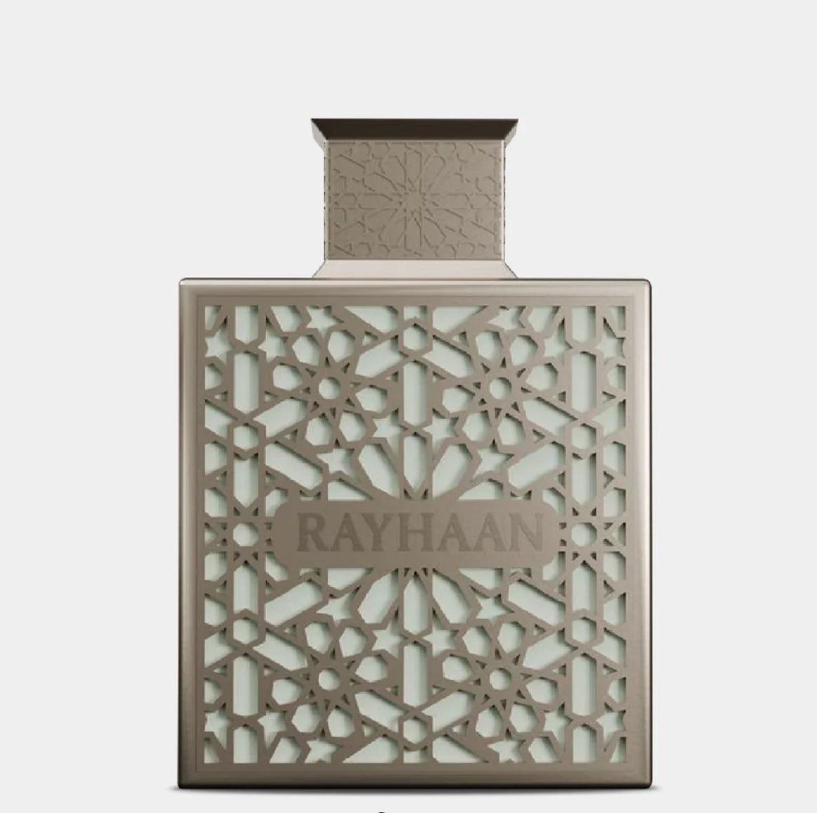Perfume bottle with intricate design and 'RAYHAAN' branding on a light gray background