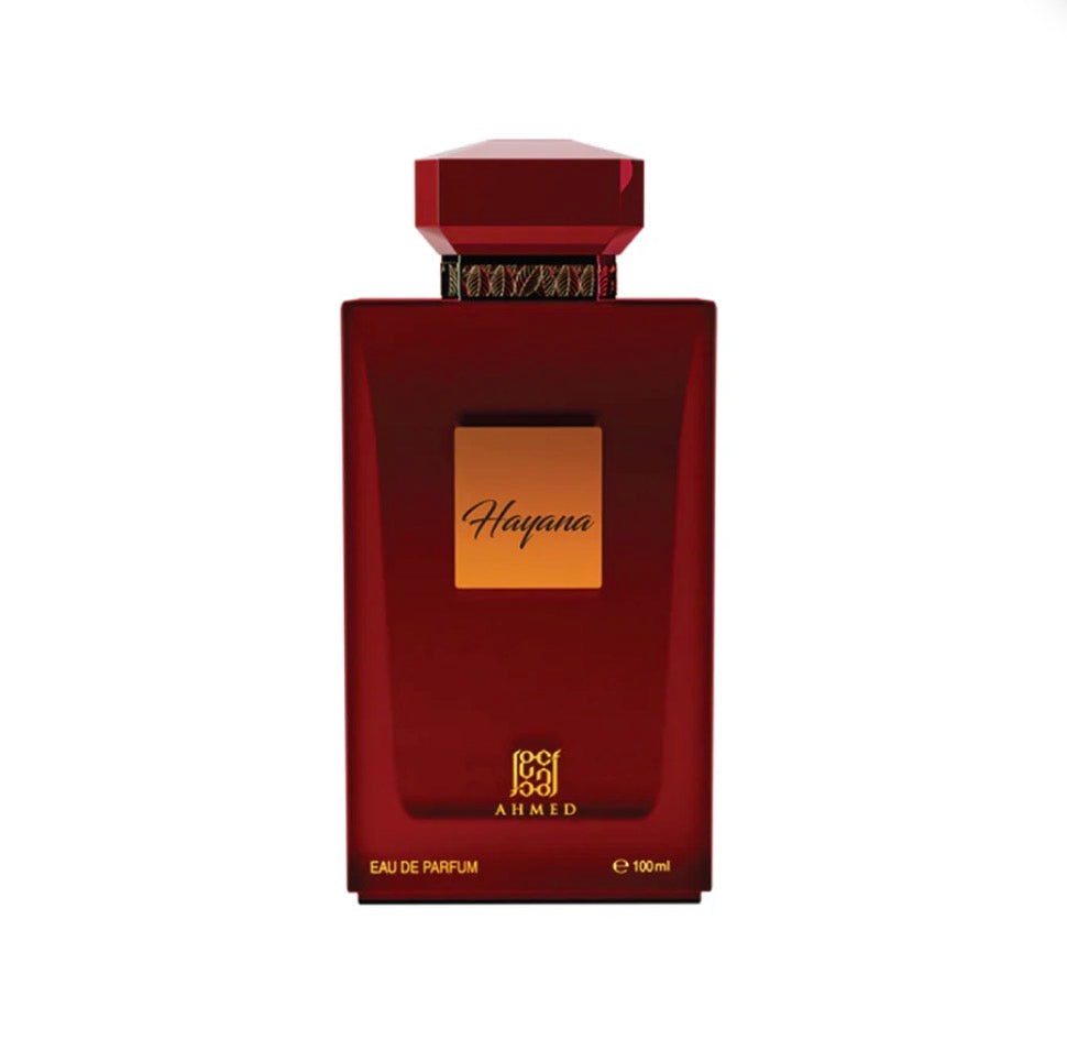 Red perfume bottle with 'Hayana' and 'Ahmed' branding on a white background