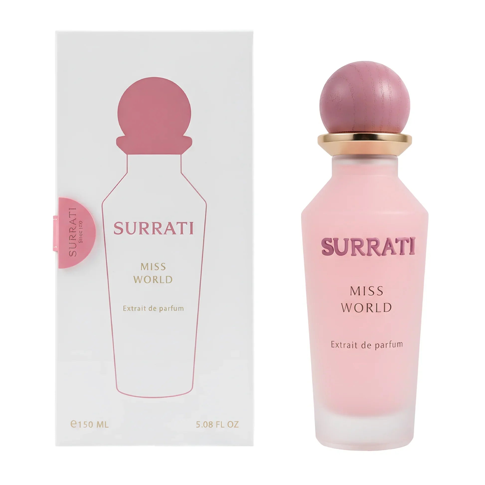 Surrati Miss World pink perfume bottle and matching box, 150ml extrait de parfum.