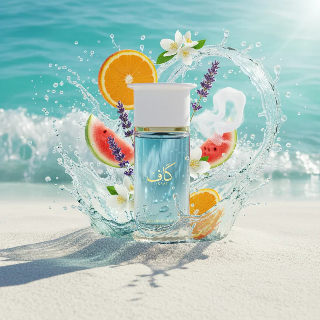 Blue perfume bottle on beach with water splash, orange, watermelon, lavender, and white blossoms.