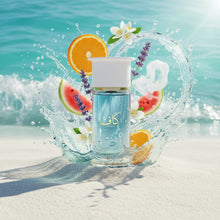 Blue perfume bottle on beach with water splash, orange, watermelon, lavender, and white blossoms.