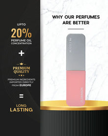 Modern perfume bottle with silver and pink design, labeled FLORAISON, highlighting premium, long-lasting fragrance with 20% oil concentration and European ingredients.