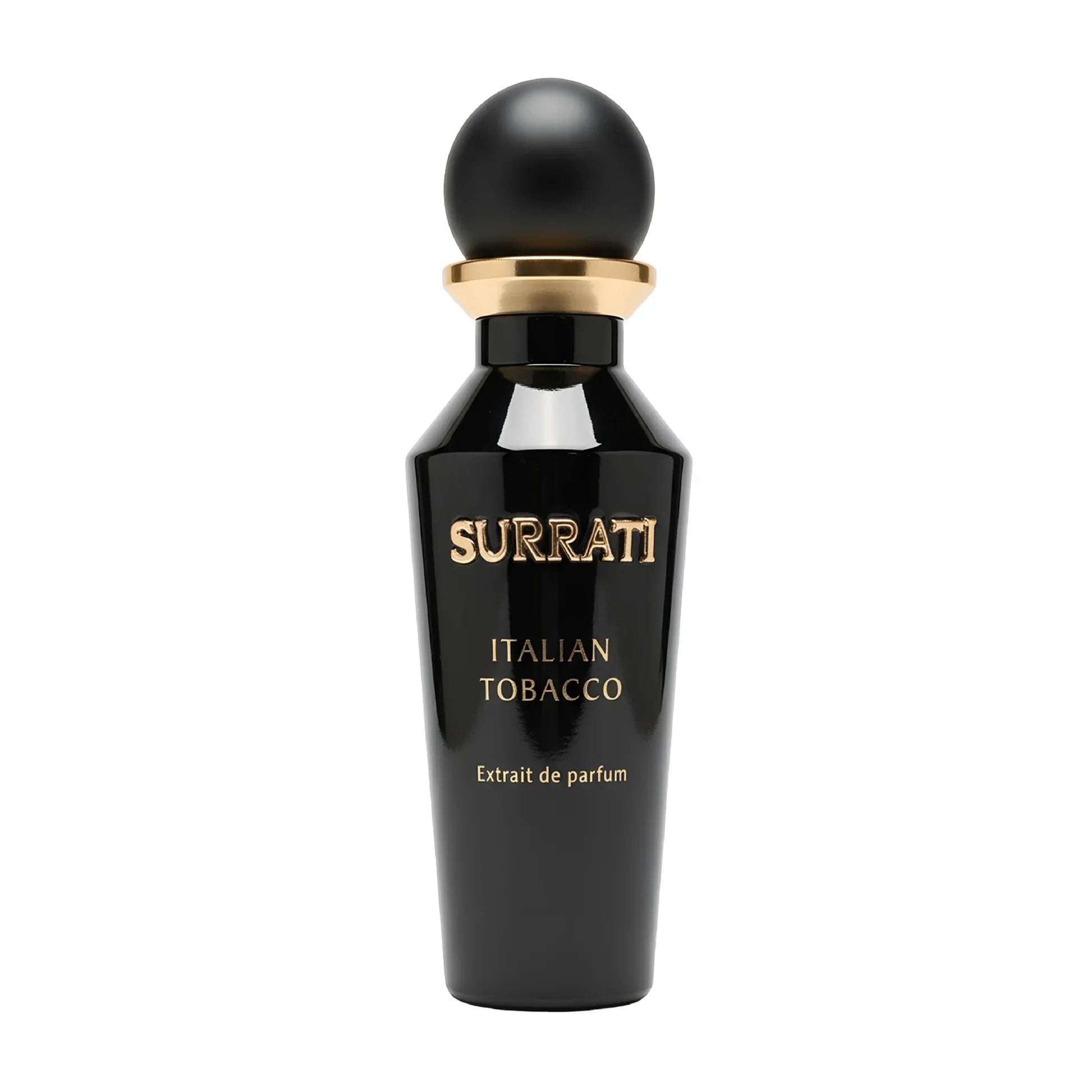 Black and gold Surrati Italian Tobacco extrait de parfum bottle on white background