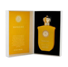 Mango Ice perfume by Gulf Orchid in a yellow gift box, luxury Arabian oud fragrance bottle with gold crown cap.