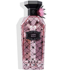 Lady Reef pink Arabian oud perfume bottle with floral accent and geometric pattern