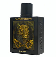 Black Rayhaan CAL Cologne Edition perfume bottle with gold tiger design and engraved text