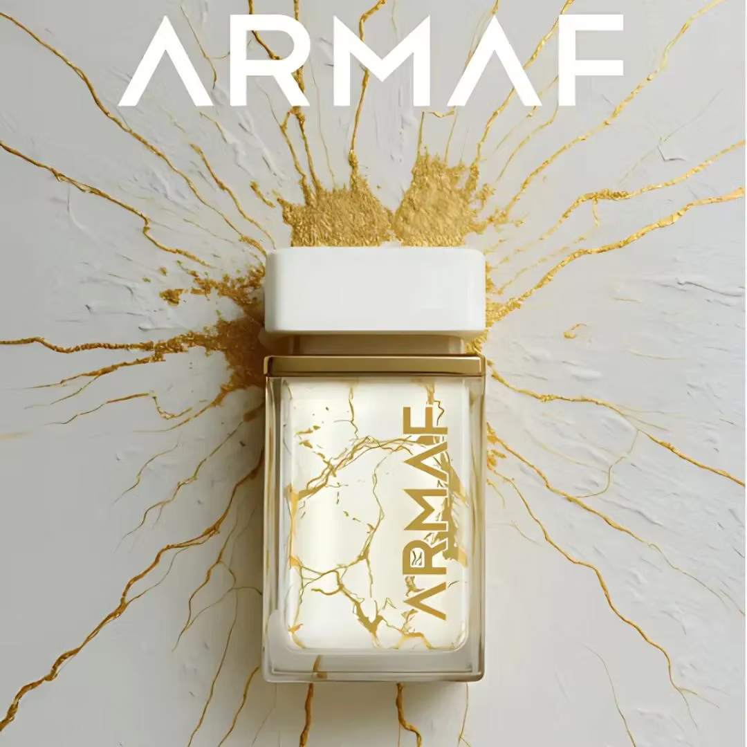 Luxury Armaf perfume bottle with gold marbling on white and gold textured background