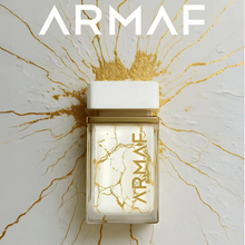 Luxury Armaf perfume bottle with gold marbling on white and gold textured background