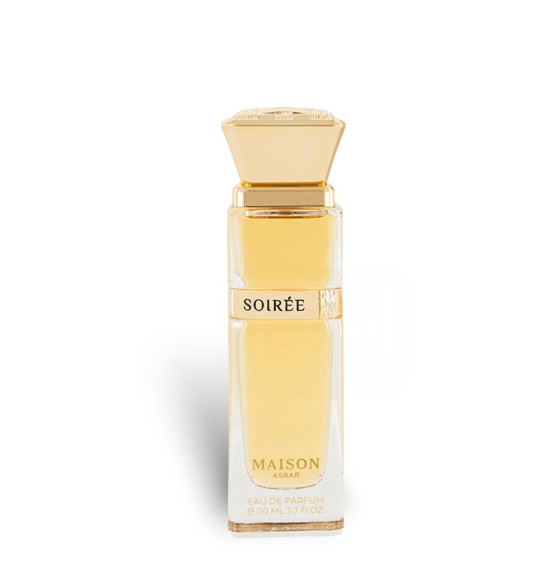 Perfume bottle labeled 'Soireé' by Maison Assouar on a white background