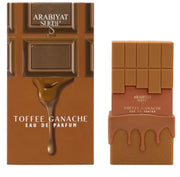 Chocolate-themed perfume bottle and packaging with 'Arabiyat Suq' branding.