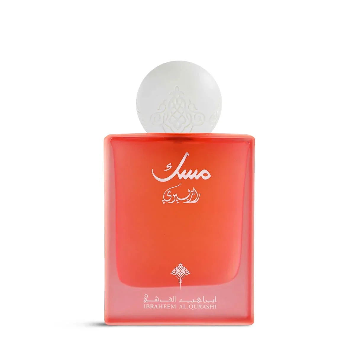 Red bottle of Arabian oud perfume with Arabic script and white round cap on white background
