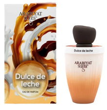 Arabiyat Sugar Dulce de Leche eau de parfum bottle with matching packaging, caramel and cream design