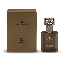 Swiss Arabian Tobacco 01 perfume bottle and box, brown packaging, Arabian oud fragrance.