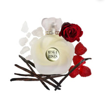 Musk & Roses perfume bottle with red rose, raspberries, vanilla beans, and white musk on white background