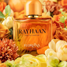 Rayhaan Floriana Eau de Parfum for her perfume bottle surrounded by orange and yellow flowers