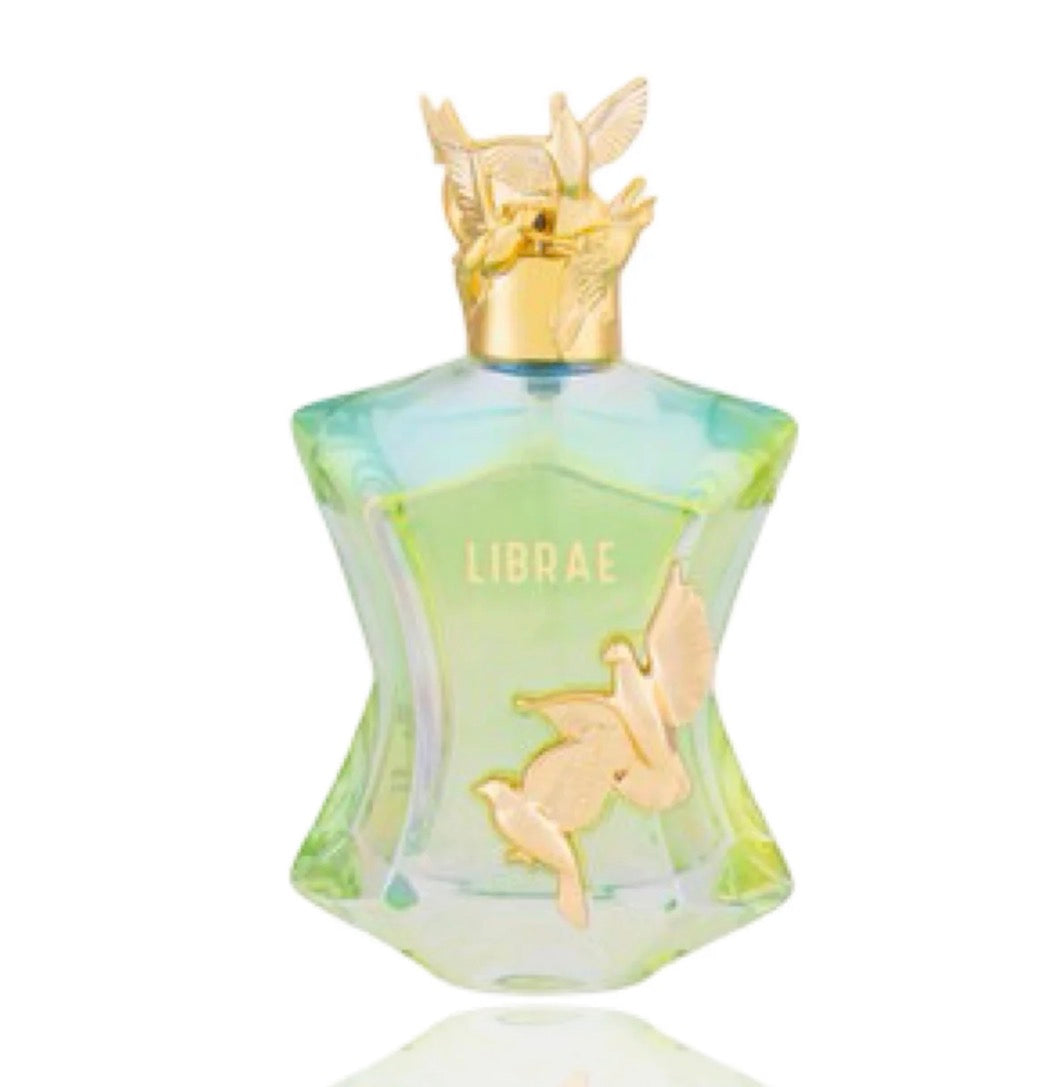 Librae perfume bottle with gold bird accents and decorative cap, Arabian fragrance