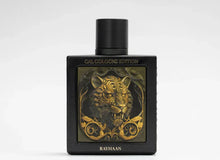 Black perfume bottle labeled Rayhaan, CAL Cologne Edition, with gold tiger artwork on front.