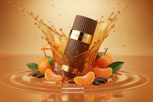 Tobacco perfume bottle with gold accents splashing in amber liquid, surrounded by fresh mandarin oranges and vanilla beans.